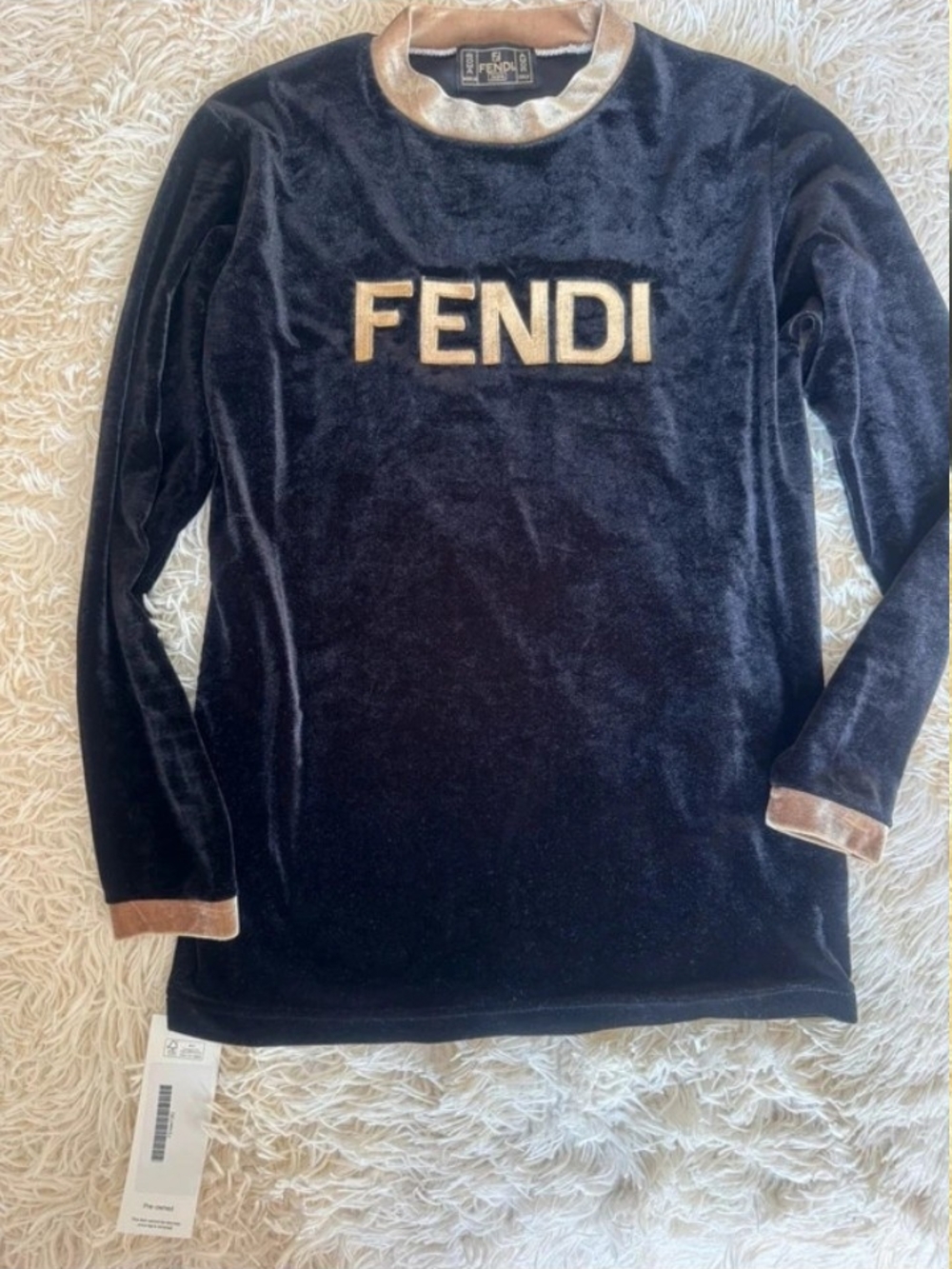 Fendi Kids Black Velvet Long-Sleeve Top with Gold Logo Trim
